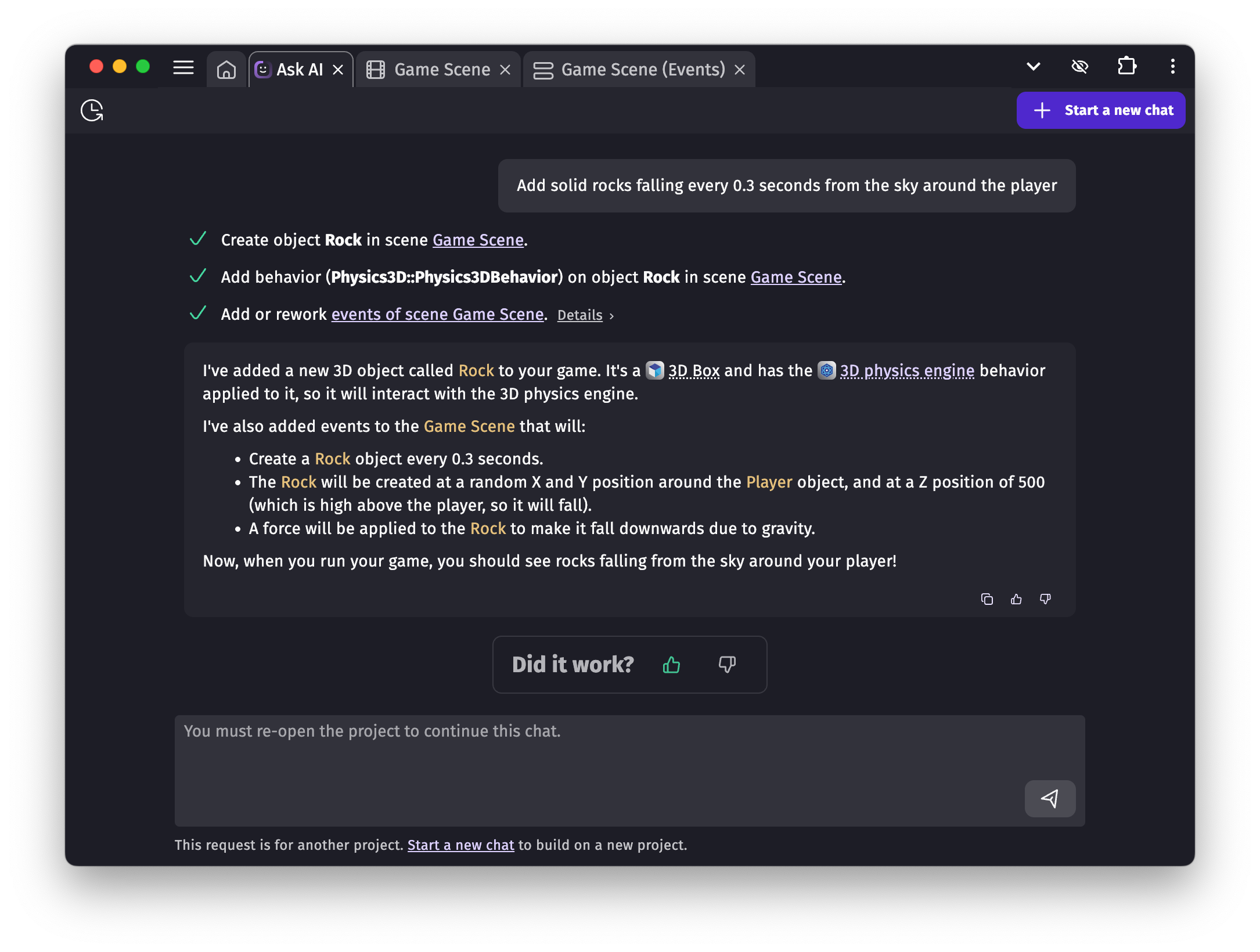A conversation with the AI agent building a feature in a game